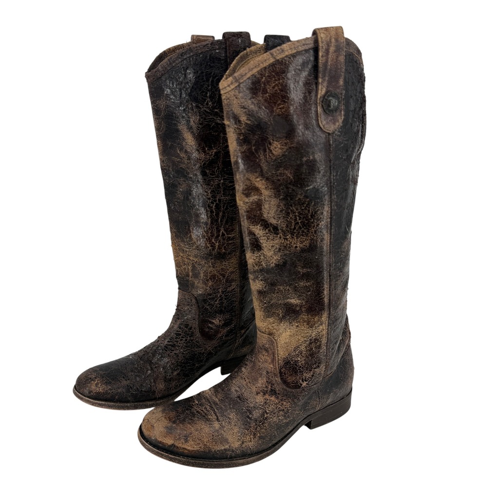 Frye Melissa Button Tall Knee High Boots Women 7.5 Crackled Leather Brown